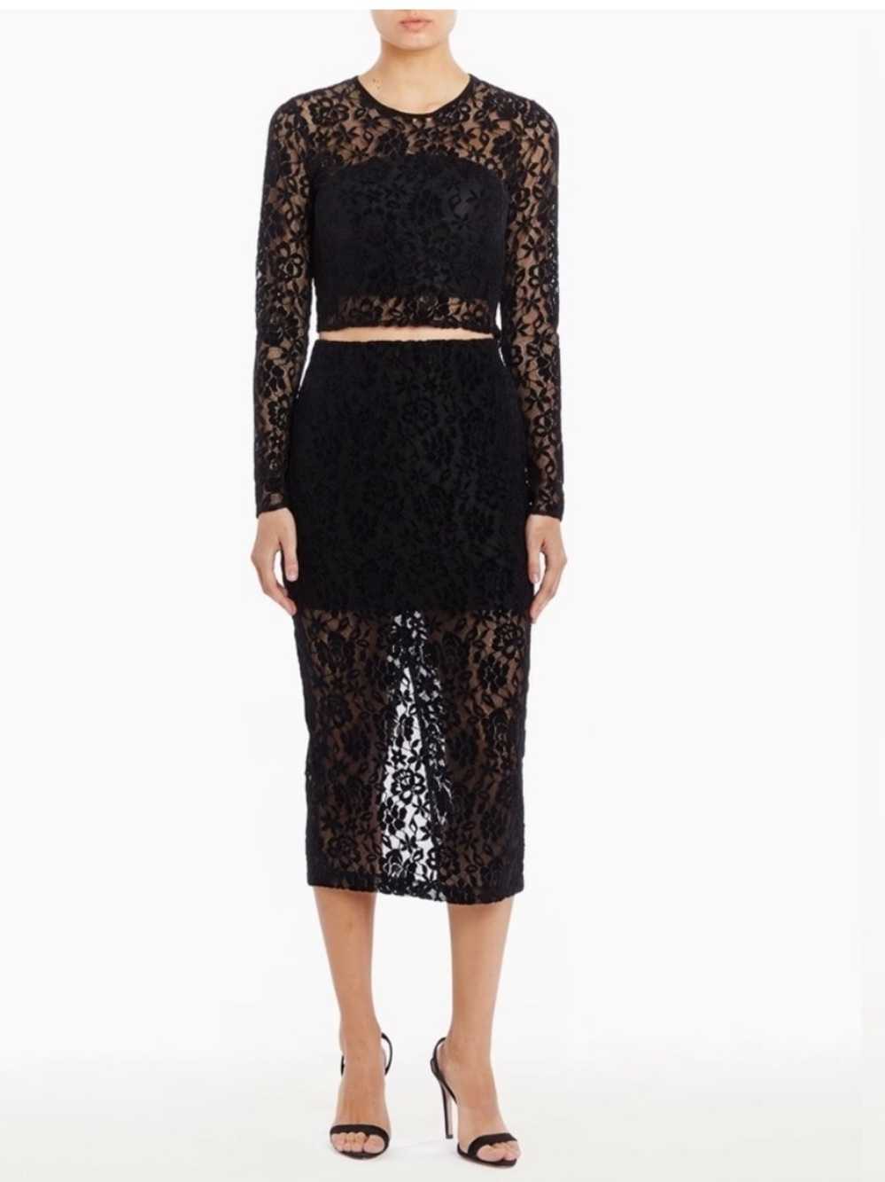 Amanda Uprichard NWT Kismet black long sleeve lace top and lace midi skirt